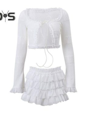 (white, L) Women Sexy Two Pieces Mini Skirts Set Low Rise Ruffle Tiered Skirt Short Flared Long Sleeve Tie-Up Crop Top Set Party Club Outfit