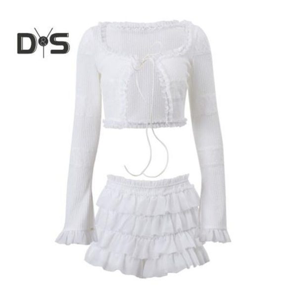 (white, L) Women Sexy Two Pieces Mini Skirts Set Low Rise Ruffle Tiered Skirt Short Flared Long Sleeve Tie-Up Crop Top Set Party Club Outfit