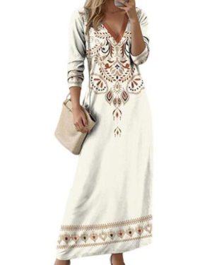 (white, M) Women Dress Ethnic Style Print V Neck Long Sleeve Bohemian Loose A-line Pullover Soft Ankle