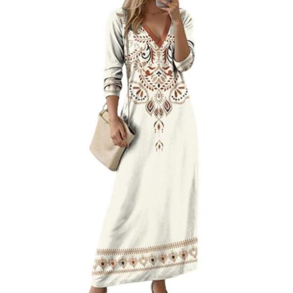 (white, M) Women Dress Ethnic Style Print V Neck Long Sleeve Bohemian Loose A-line Pullover Soft Ankle