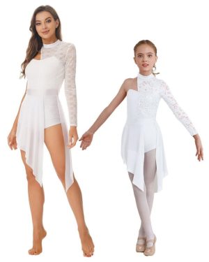 (white, M) Women Lyrical Dance Dress One Shoulder Contemporary Ballet Costume Asymmetric Hem Leotard Dress