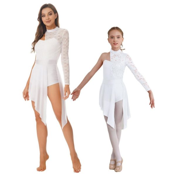 (white, M) Women Lyrical Dance Dress One Shoulder Contemporary Ballet Costume Asymmetric Hem Leotard Dress
