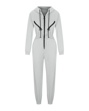 (white, M) Women Solid Color Bodysuit Long Sleeve Hooded O Neck Hoodies Suit Autumn Winter Loose Top Wide Leg Pants