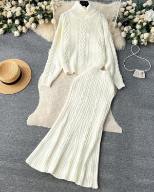 (white, One Size) Winter New Turtle Neck Long-sleeved Twisted Sweater + High Waist Mermaid Knit Skirt Women Vintage 2pcs Suit