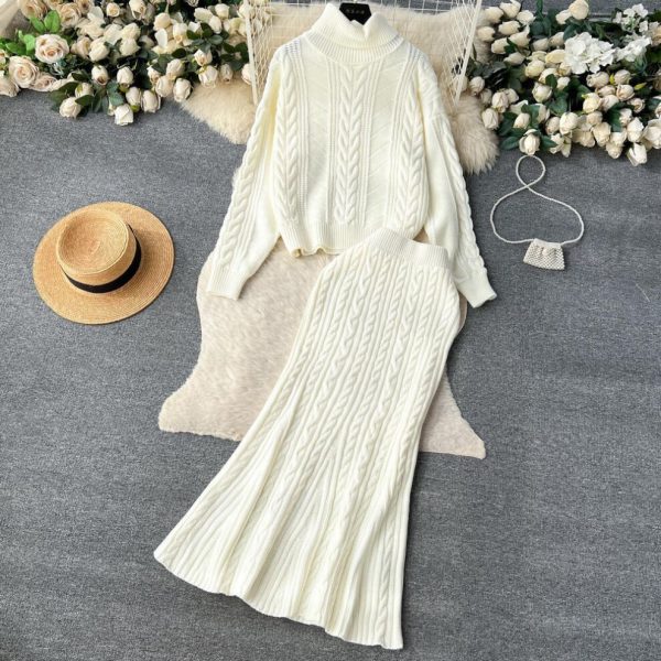 (white, One Size) Winter New Turtle Neck Long-sleeved Twisted Sweater + High Waist Mermaid Knit Skirt Women Vintage 2pcs Suit
