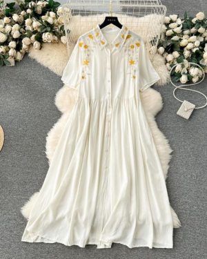 (white, One Size) Women Vintage Embroidery Pleated Single Breasted A-line Dresses Lapel Half Sleeve Loose Plus Size Dresses Spring Summer 2024 SM10045