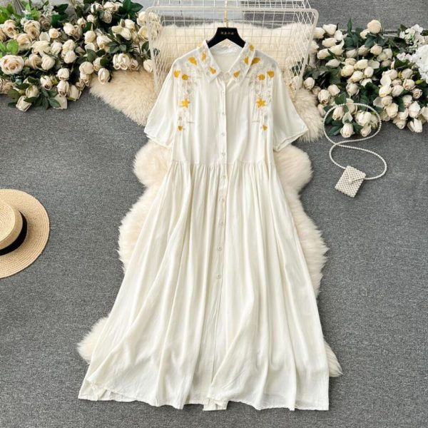 (white, One Size) Women Vintage Embroidery Pleated Single Breasted A-line Dresses Lapel Half Sleeve Loose Plus Size Dresses Spring Summer 2024 SM10045
