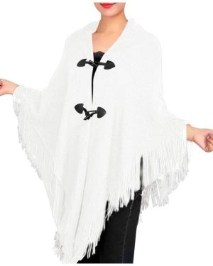 (white, One Size) Women's Fashion Autumn/winter Thick Tassel Cape Horn Buckle Solid Color Cape Coat