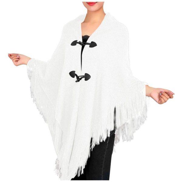 (white, One Size) Women's Fashion Autumn/winter Thick Tassel Cape Horn Buckle Solid Color Cape Coat