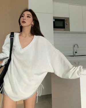 (white, One Size) "Women's Oversized V-Neck Long-Sleeve Top â Autumn/Winter Loose Fit"