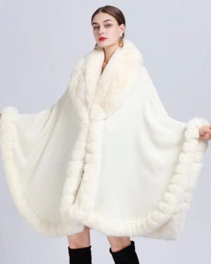 (white, One size) Elegant V Lapel Faux Rex Rabbit Fur Coat Cape Winter Women Big Long Shawl Full Trim Fur Knit Cloak Overcoat large size Parka