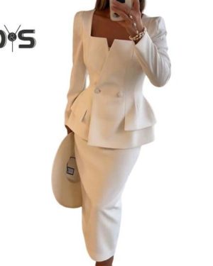 (white, S) 2 Pcs/Set Women Coat Skirt Suit Square Neck Double-breasted Solid Color Long Sleeve Top Slim Fit Skirt Prom Business Office Outfit