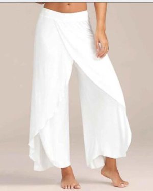 (white, S) New Women Palazzo Boho Wide Leg Pants Loose Chiffon Skirt Flared Yoga Trousers Plus Size 5XL