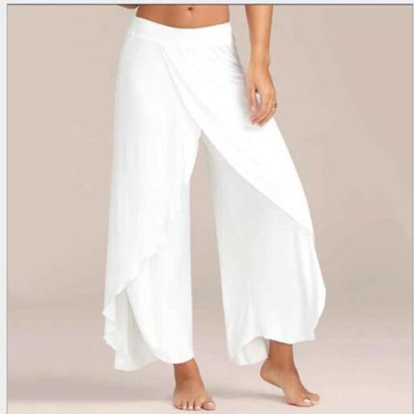 (white, S) New Women Palazzo Boho Wide Leg Pants Loose Chiffon Skirt Flared Yoga Trousers Plus Size 5XL