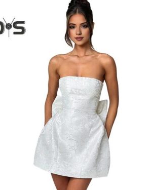 (white, S) Women Evening Dress Big Bow Decor Bandeau Off Shoulder Floral Texture Sleeveless Lace-up A-line Backless Prom Cocktail Party Ball Gown Summ