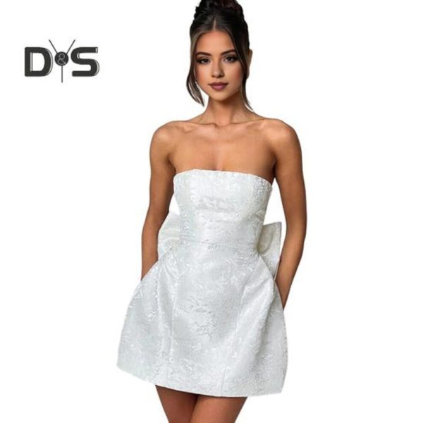 (white, S) Women Evening Dress Big Bow Decor Bandeau Off Shoulder Floral Texture Sleeveless Lace-up A-line Backless Prom Cocktail Party Ball Gown Summ