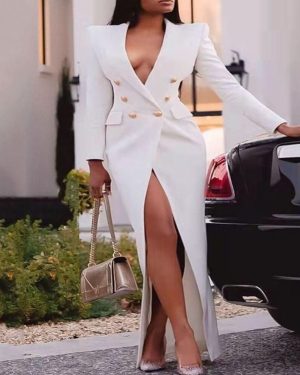 (white, XL) Elegant Women Blazer Dress Suits Long Sleeve Buttons Wrap Maxi Jacket Coat Classy Fashion Lady Large Size Party Evening Outfits