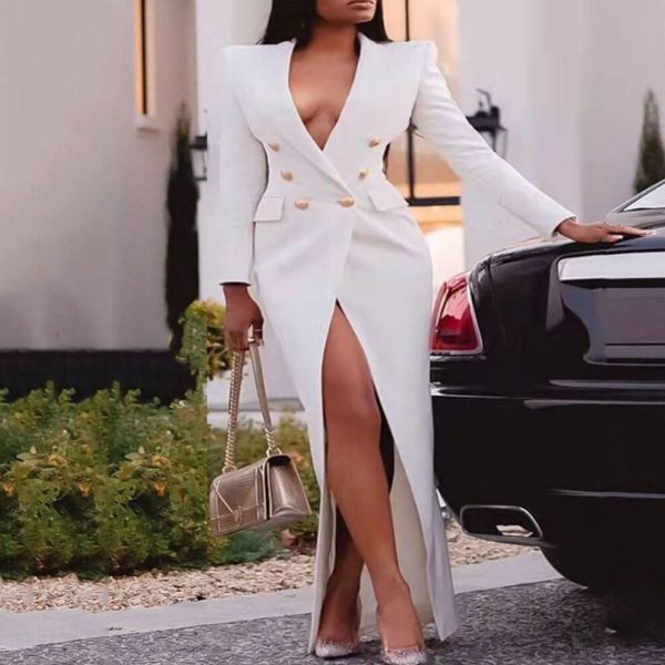 (white, XL) Elegant Women Blazer Dress Suits Long Sleeve Buttons Wrap Maxi Jacket Coat Classy Fashion Lady Large Size Party Evening Outfits