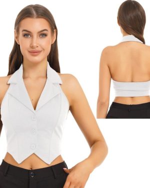 (white, XL) Ladies Crop Tops Formal Elegant OL Waistcoat Suits Vest Women Backless Vest Outerwear Jacket Coat Halter V-Neck Office