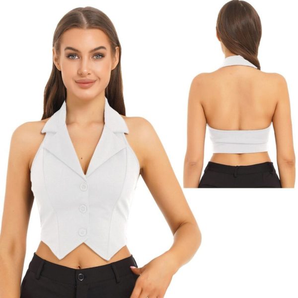 (white, XL) Ladies Crop Tops Formal Elegant OL Waistcoat Suits Vest Women Backless Vest Outerwear Jacket Coat Halter V-Neck Office
