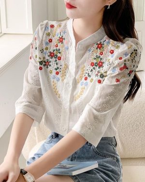 (white, XXL) Fashion Summer Vintage Embroidered Flower Jacquard Shirt Women Romantic Gentle Style Versatile Stand Collar Shirt