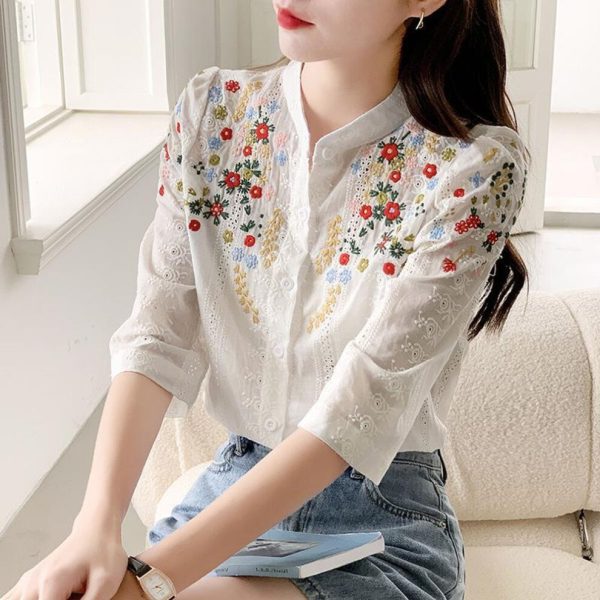 (white, XXL) Fashion Summer Vintage Embroidered Flower Jacquard Shirt Women Romantic Gentle Style Versatile Stand Collar Shirt