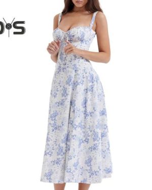 (white,blue, S) Women Elegant Suspenders Lace Up Dress Slim Sleeveless Bandeau Floral Print Dress Corset Design Side Split Hem Midi Dress