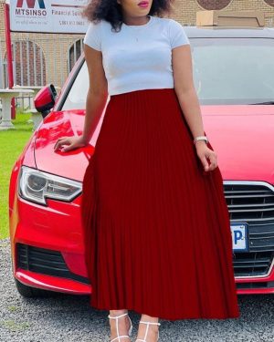 (wine red, L) "2022 Autumn Plus Size Women's Pleated Maxi Skirt â Solid Color, High Waist, European & American Style"