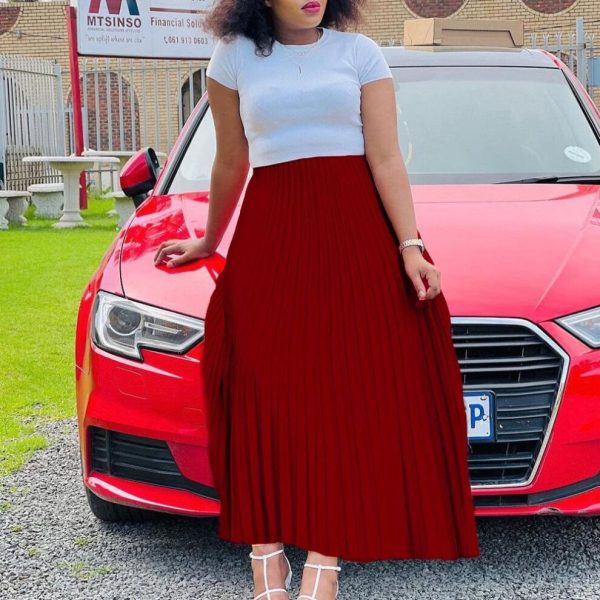 (wine red, L) "2022 Autumn Plus Size Women's Pleated Maxi Skirt â Solid Color, High Waist, European & American Style"