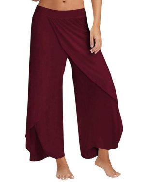 (wine red, M) New Women Palazzo Boho Wide Leg Pants Loose Chiffon Skirt Flared Yoga Trousers Plus Size 5XL