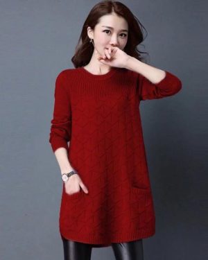 (wine red, XL) Women Autumn Winter Sweater Pullover Korean Loose Long-Sleeve Knit Sweater Mid-length Bottoming Sweaters Female Clothes Tops