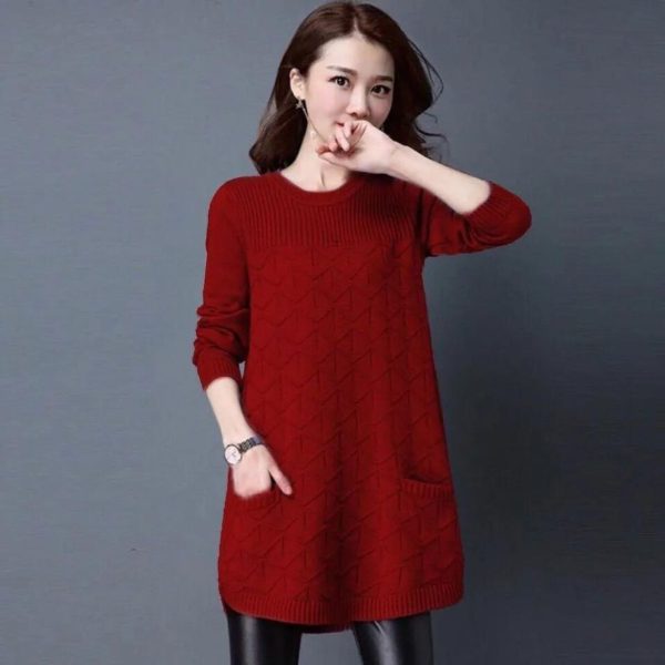 (wine red, XL) Women Autumn Winter Sweater Pullover Korean Loose Long-Sleeve Knit Sweater Mid-length Bottoming Sweaters Female Clothes Tops
