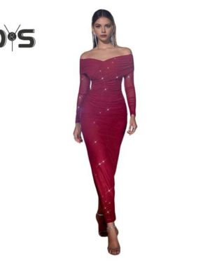 (wine red, XXL) Lady Evening Dress Off Shoulder Long Sleeves Mesh Patchwork Pleated Cross Bandeau Slim Fit Prom Wedding Party Cocktail Maxi Dress
