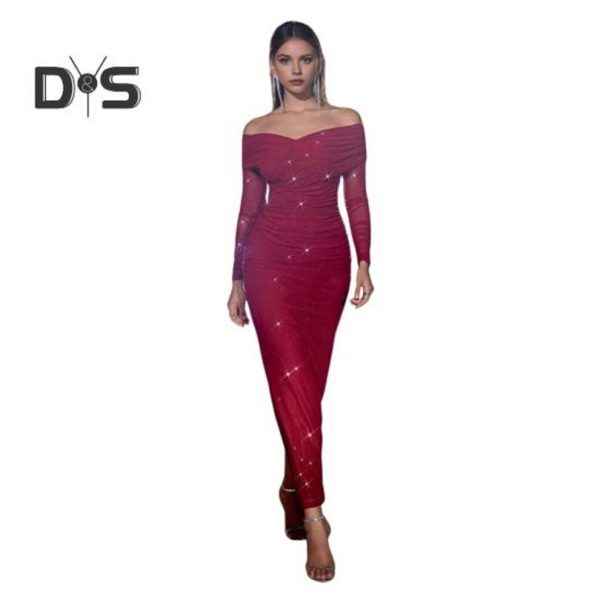 (wine red, XXL) Lady Evening Dress Off Shoulder Long Sleeves Mesh Patchwork Pleated Cross Bandeau Slim Fit Prom Wedding Party Cocktail Maxi Dress