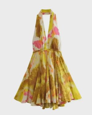 (yellow, M) 2024 Holiday Style Backless Cotton Halter Neck Printed Dress for Women