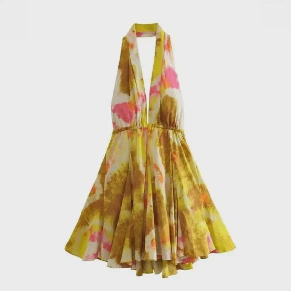 (yellow, M) 2024 Holiday Style Backless Cotton Halter Neck Printed Dress for Women
