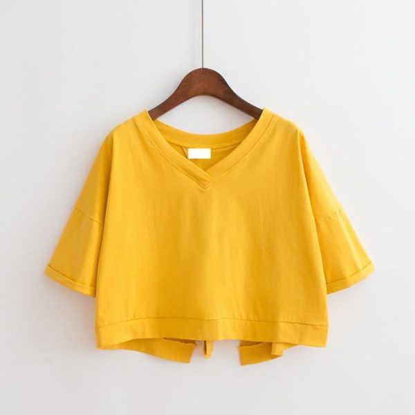 (yellow, M) Solid Color V-Neck Backless Split High-Waist Strappy Loose Short-Sleeved Crop Top for Women
