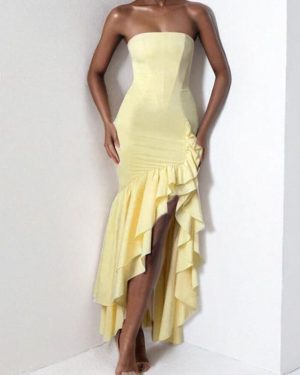 (yellow, XL) Women's clothing 2025 spring new fashion sexy off-the-shoulder tube top irregular temperament dress