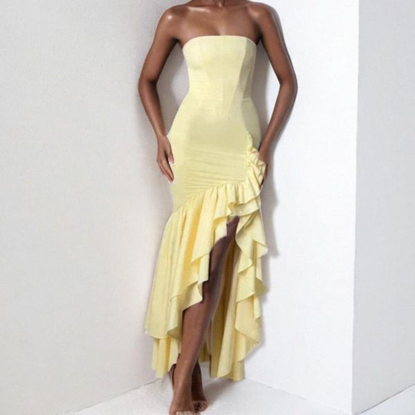 (yellow, XL) Women's clothing 2025 spring new fashion sexy off-the-shoulder tube top irregular temperament dress