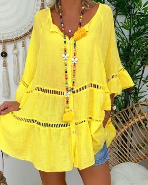 (yellow, XXXL) Oversized Hollow Out Cotton Blouse in Yellow and White