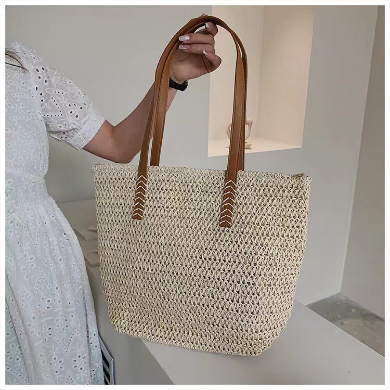 Woven Straw Tote Bags with Leather Handles