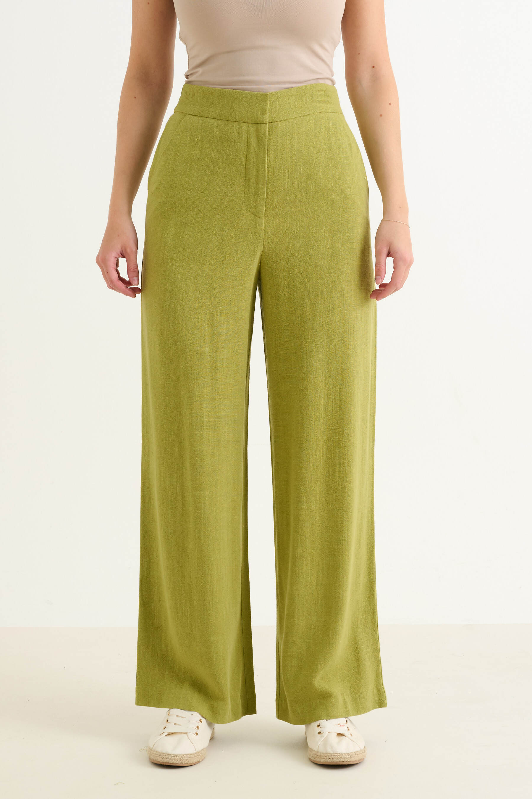 Neutral Linen Cropped Straight Leg Trousers for Summer