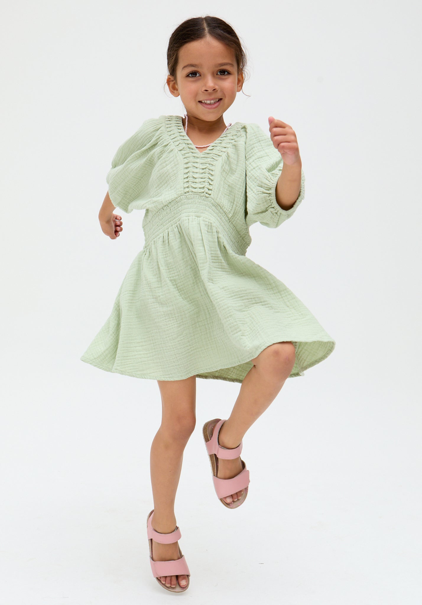 Kids Soipoi Ruched V-Neck Dress In Green - years