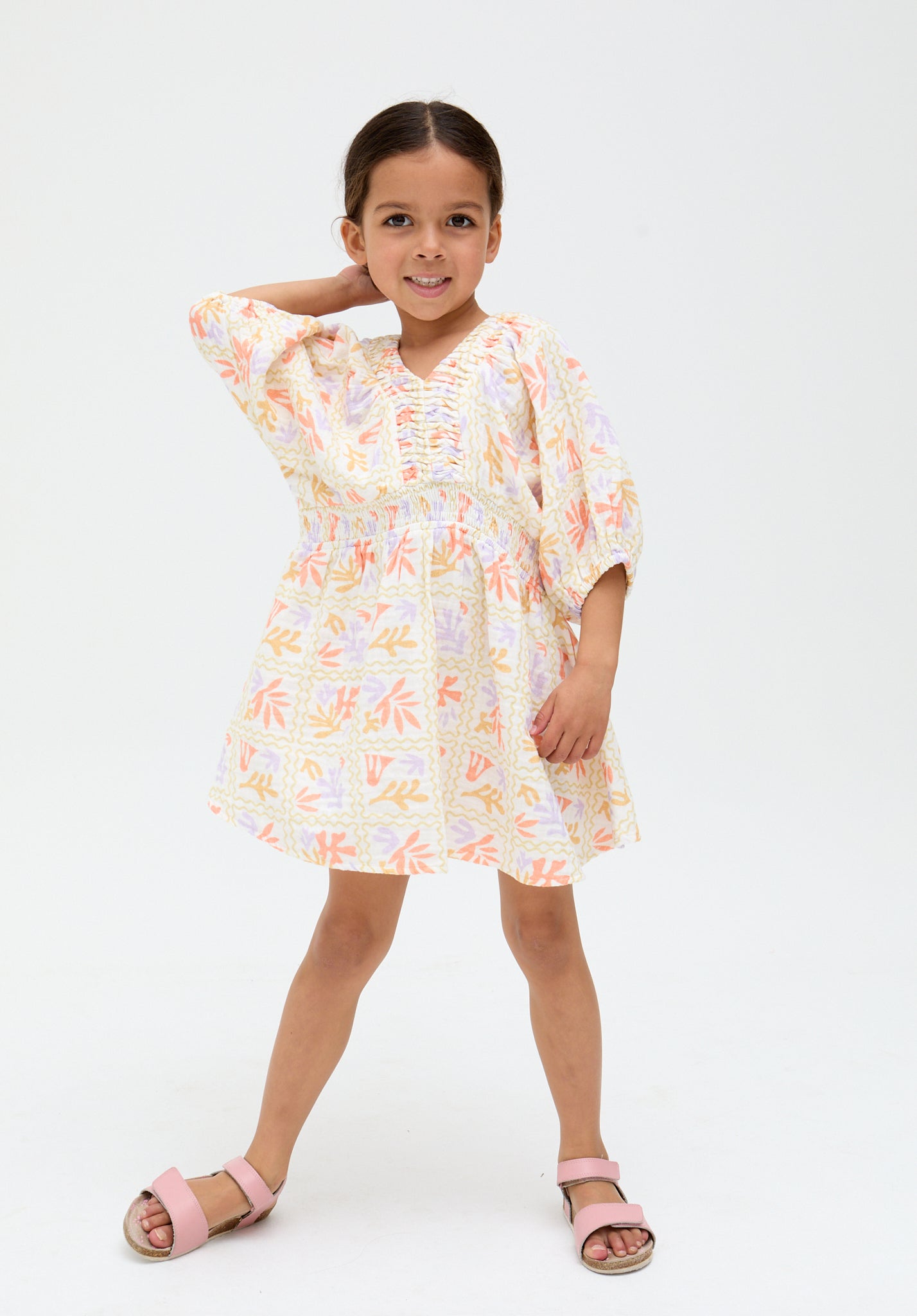Kids Soipoi Ruched V-Neck Matisse Print Dress In Multi - years