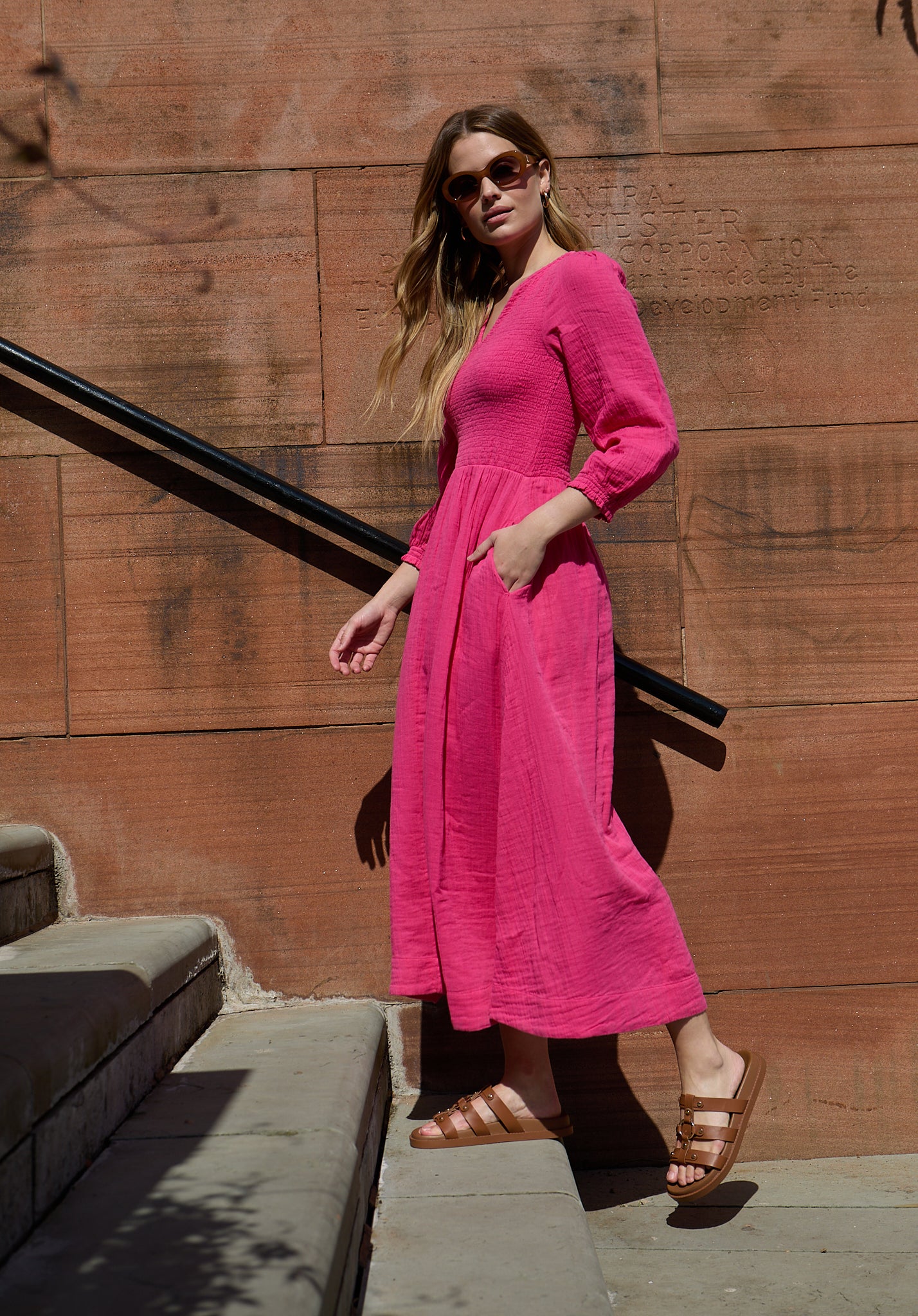 Paulina Shirred Bodice Midi Dress In Pink