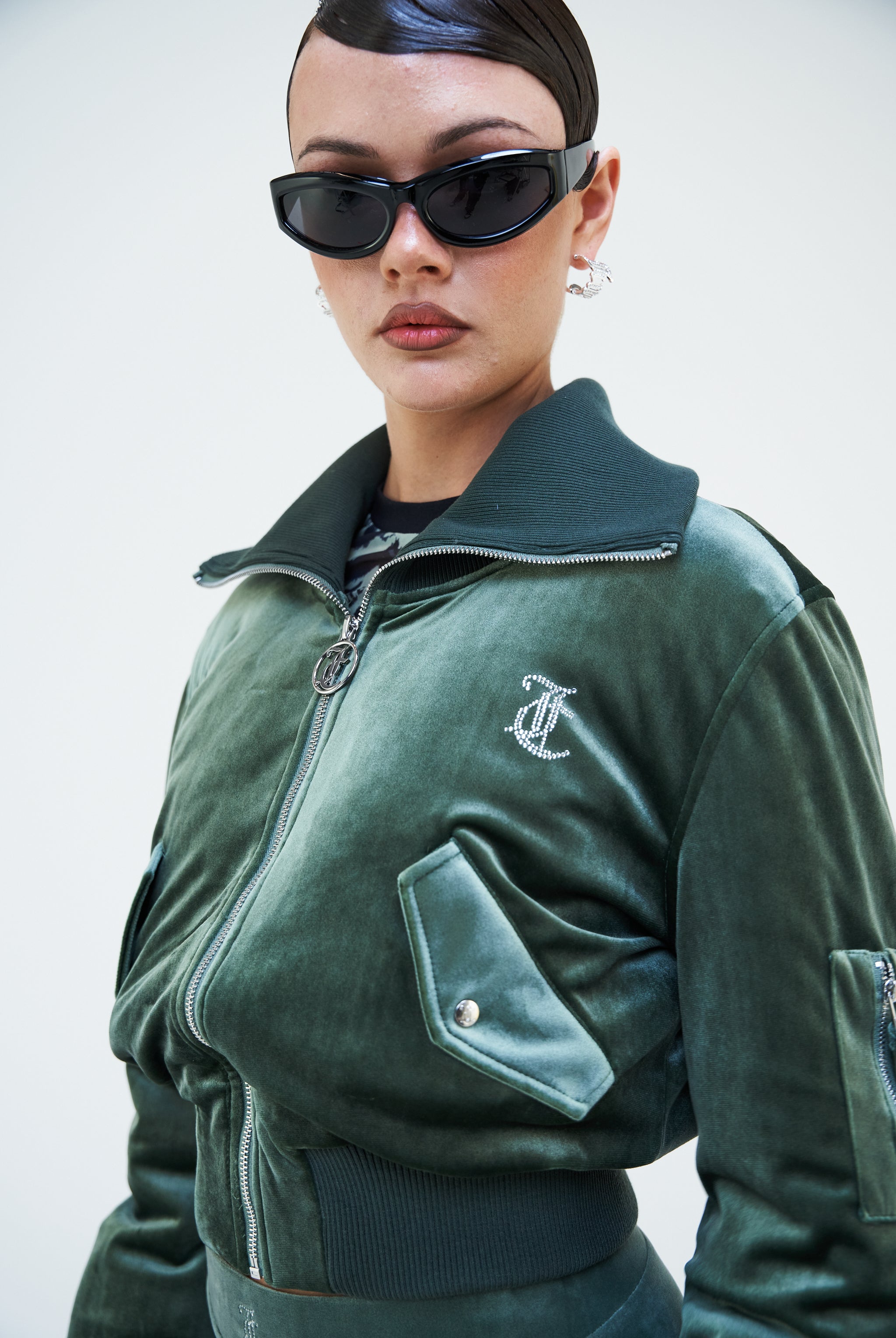 THYME VELOUR BOMBER JACKET - S Green