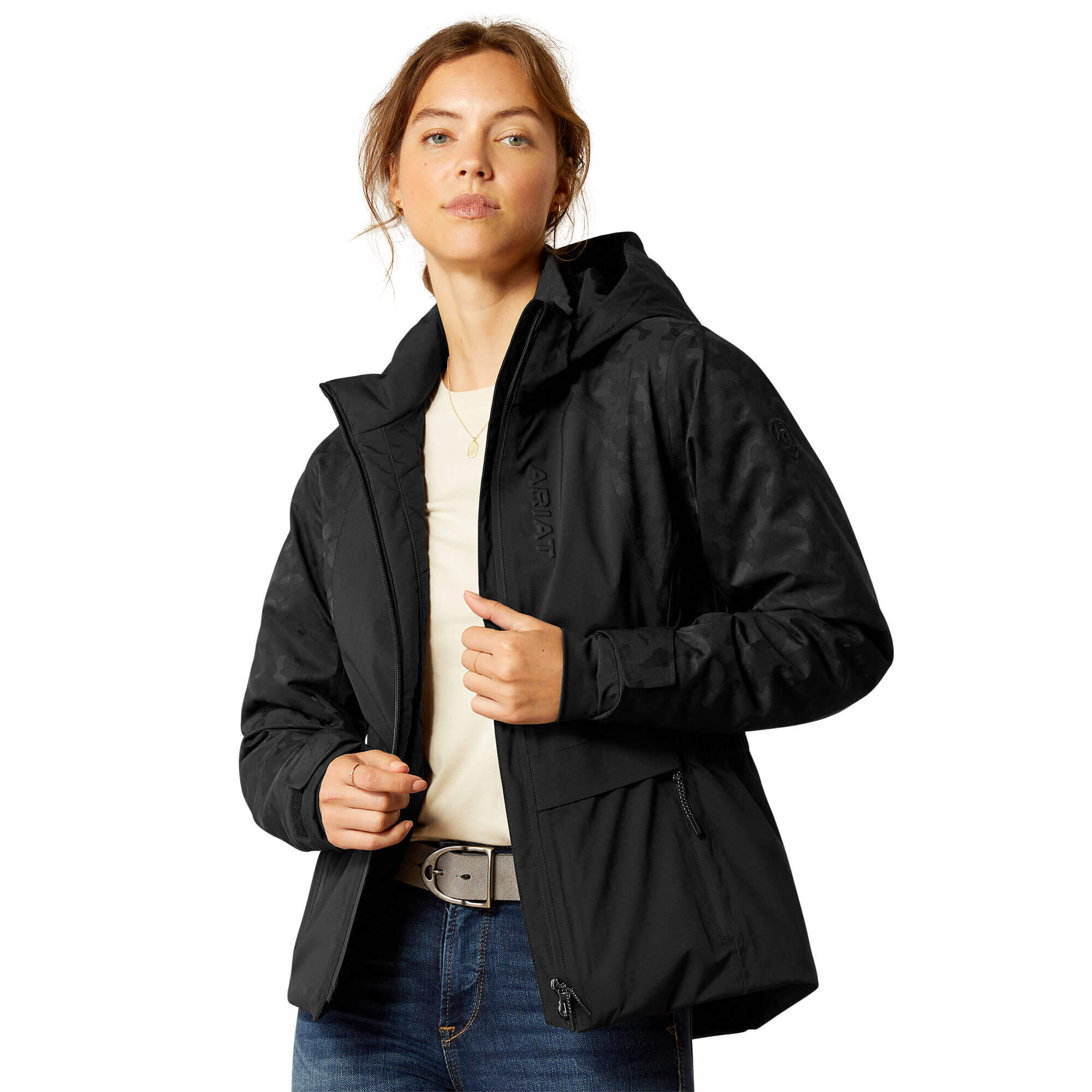 Women's Valor . Waterproof Jacket Long Sleeve in Black Camo, Size X-Large, by Ariat