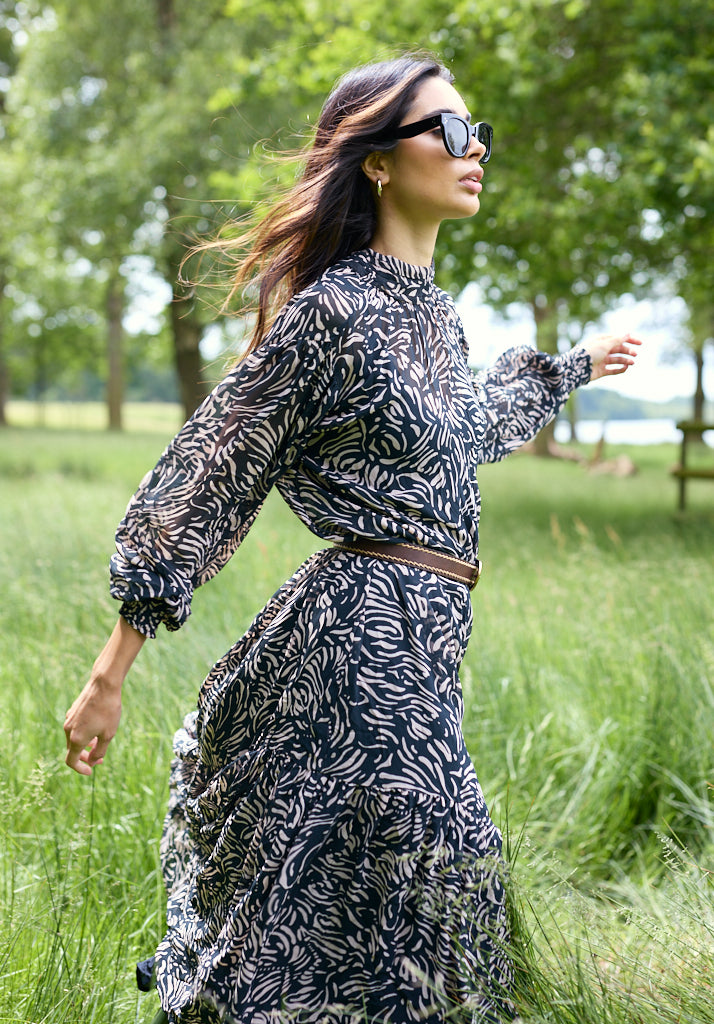 Molly High Neck Hidden Zebra Print Maxi Dress In Black