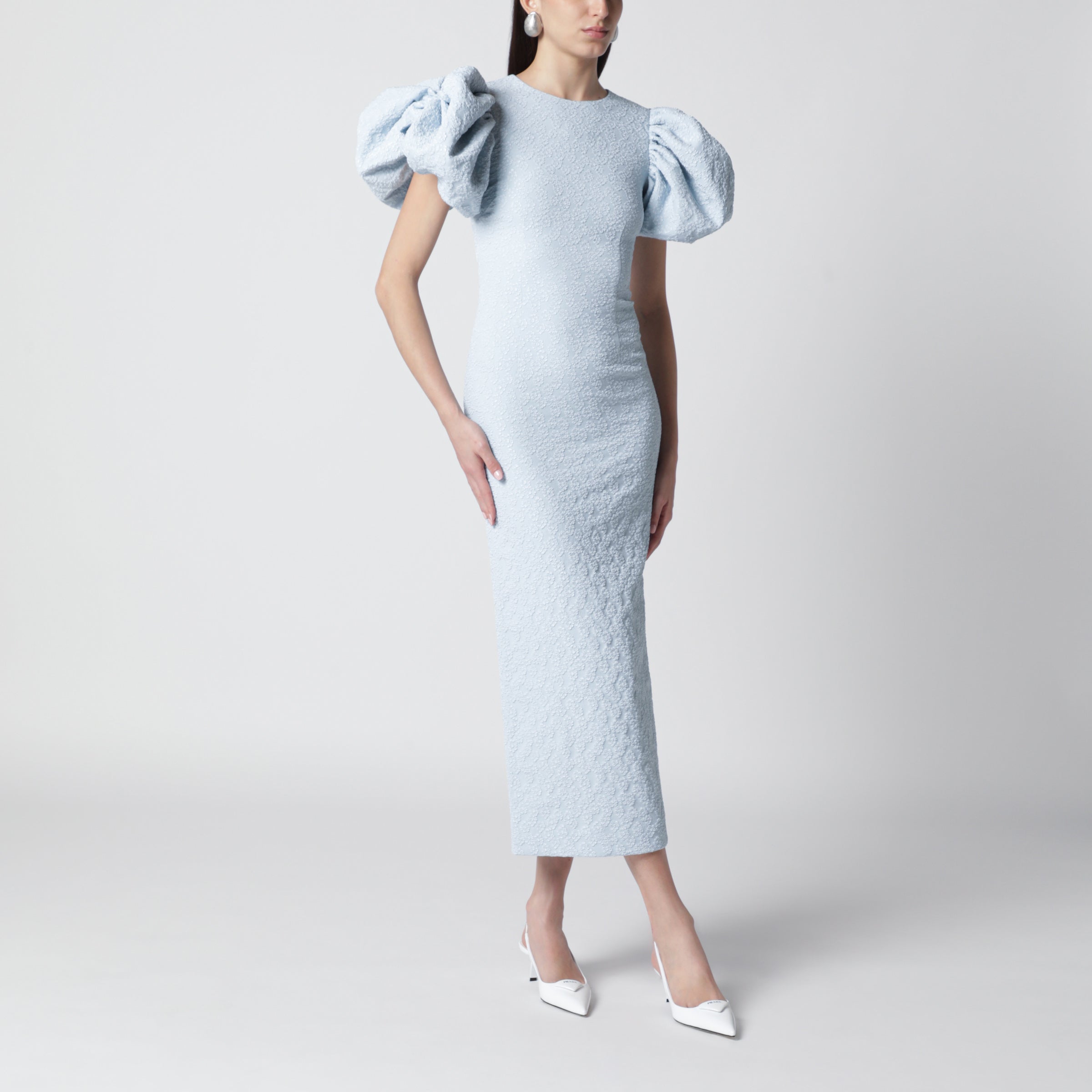 Light blue balloon jacquard midi dress