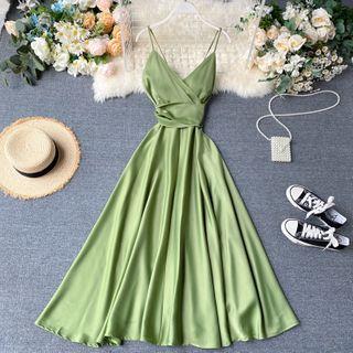 Spaghetti Strap Silky Midi A-Line Dress Orange Red